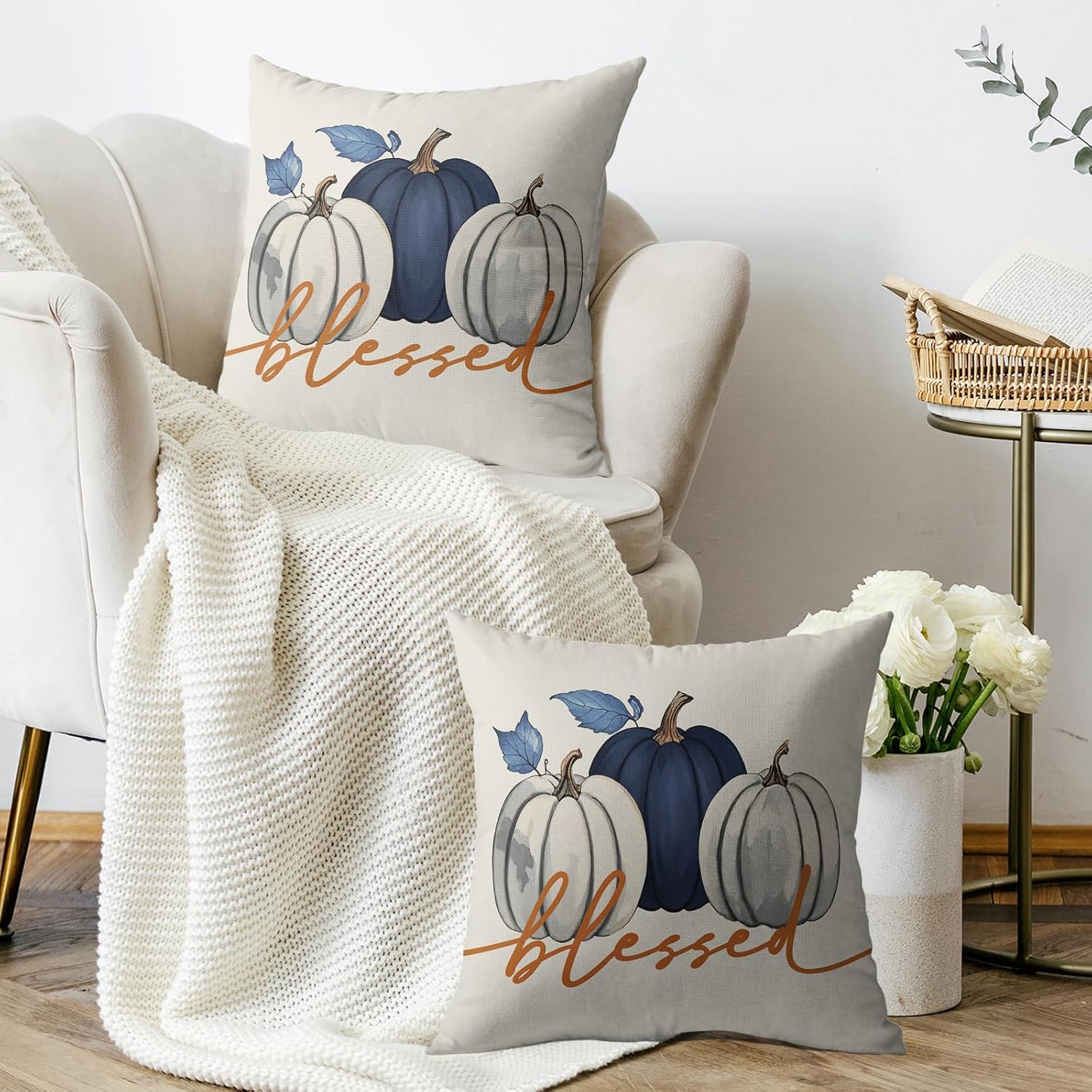 Blue Grey White Pumpkin Pillow Covers 24X24 Set of 2, Fall Blessed Print Decorative Throw Pillow Covers Outdoor Autumn Thanksgiving Farmhouse Seasonal Cushion Cases Couch Sofa Bed Decor