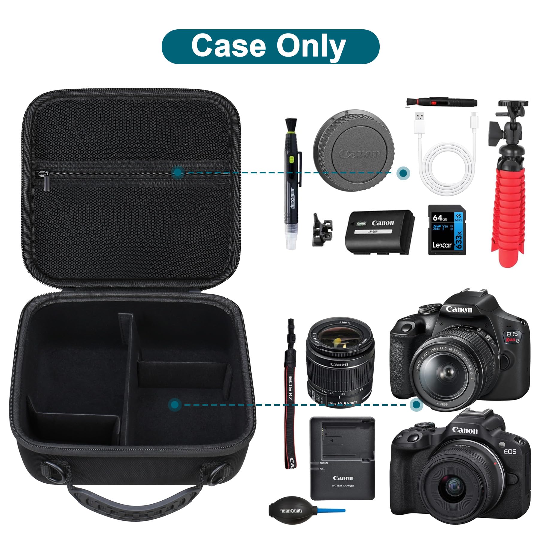 Canboc Custodia fotocamera DSLR Canon EOS Rebel T7/ R50/ R50 V/ R6 Mark II/ R100/ R8/ R7/ R5/ 90D/ 5D Mark IV e obiettivo 18-55 mm, borsa con tracolla e 3 divisori, nera (solo custodia)
