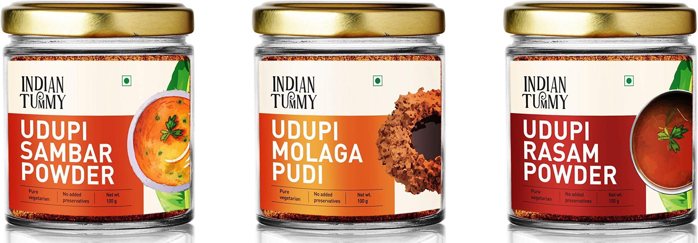 Indian Tummy Udupi Sambar Powder, Udupi Molaga Pudi and Udupi Rasam Powder - No Preservatives, Pure Spice Mix for Daily Cooking (100 gm + 100 gm + 100 gm)