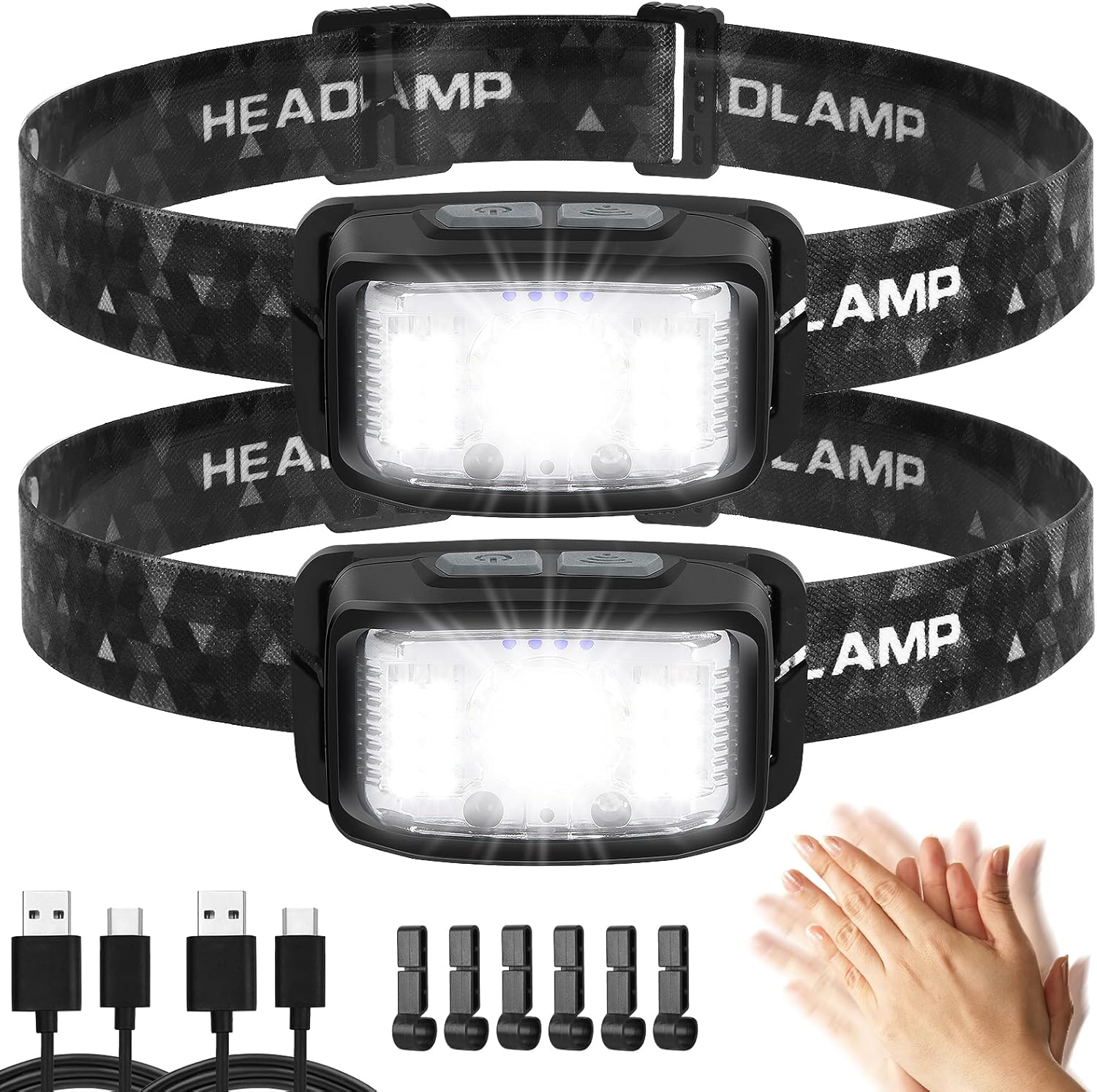 LED Headlamp,2 Pack 2000 Lumen Ultra Bright Rechargeable Headlamp,16 Modes Motion Sensor