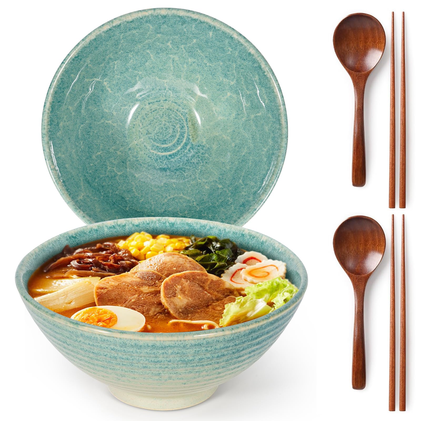 LRHAFET 2 x 1200ml Ramen Schüssel aus Keramik mit Essstäbchen und Löffeln, 20cm Ramen Bowl, Suppenschalen Rührschüsseln,Suppenschüssel Groß Ramen set rahmenschüssel.