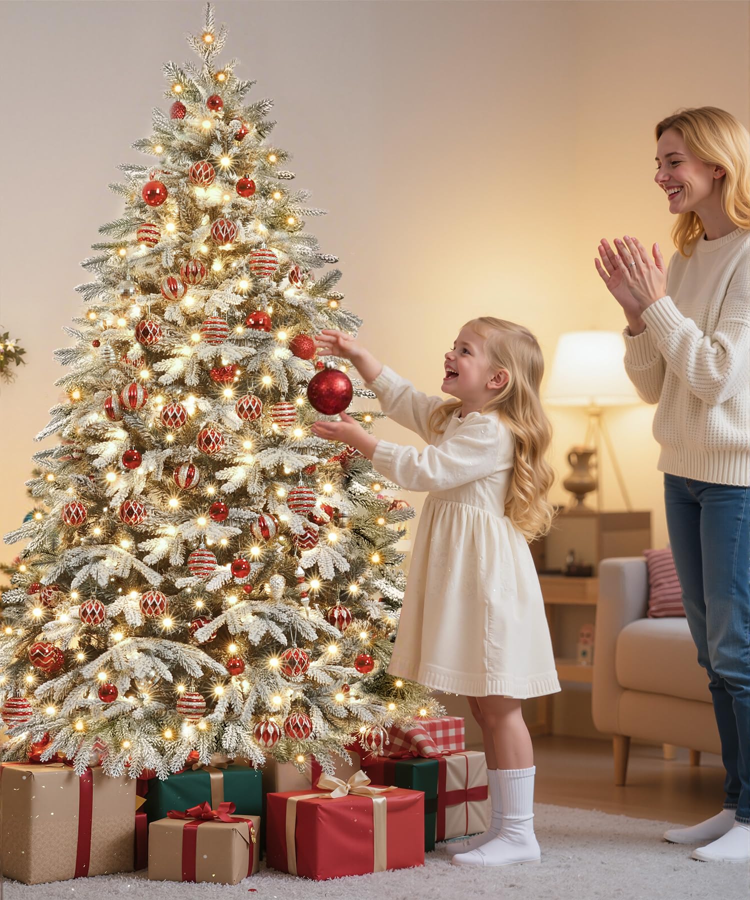 Yorbay Künstlicher Weihnachtsbaum mit Beleuchtung Schneeflocken: 210cm Hoch | Weiß Schnee LED Tannenbaum für Weihnachten Dekoration Wohnzimmer - Premium Weihnachtsbaum aus PE&PVC - Stabiler Metallständer