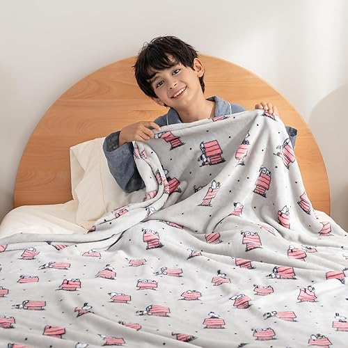 Miniatura 4 de Berkshire Blanket Peanuts VelvetLoft - Manta de felpa de Snoopy de gran tamaño para niños, maní regular con poses de casa de perro y lunares gris