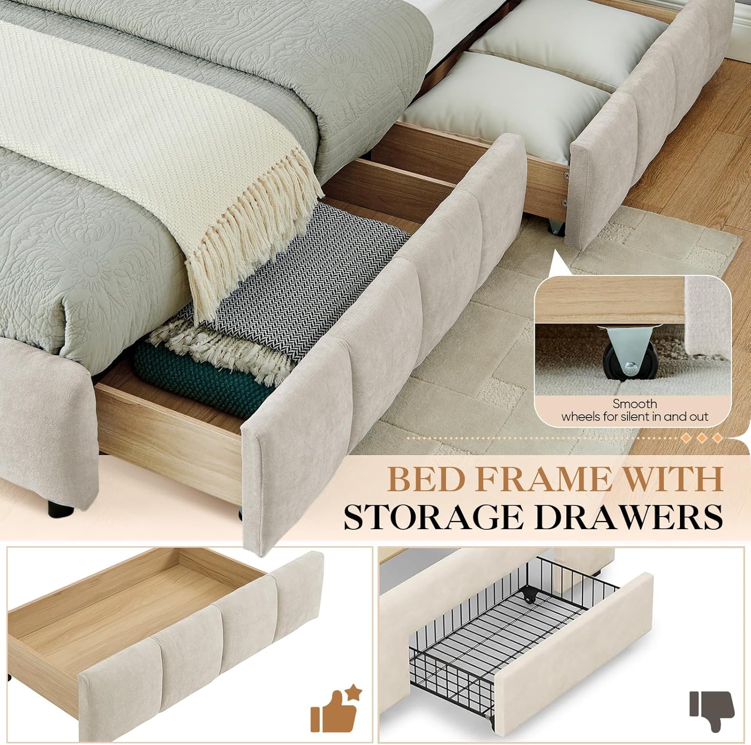 Upholstered Bed Frame King Size with 4 Storage Drawer & Tufted Headboard, Modern Chenille Floor Bed with Wood Slat Support, No Box Spring Needed for Bedroom Guest Room, Easy Assembly,Beige
