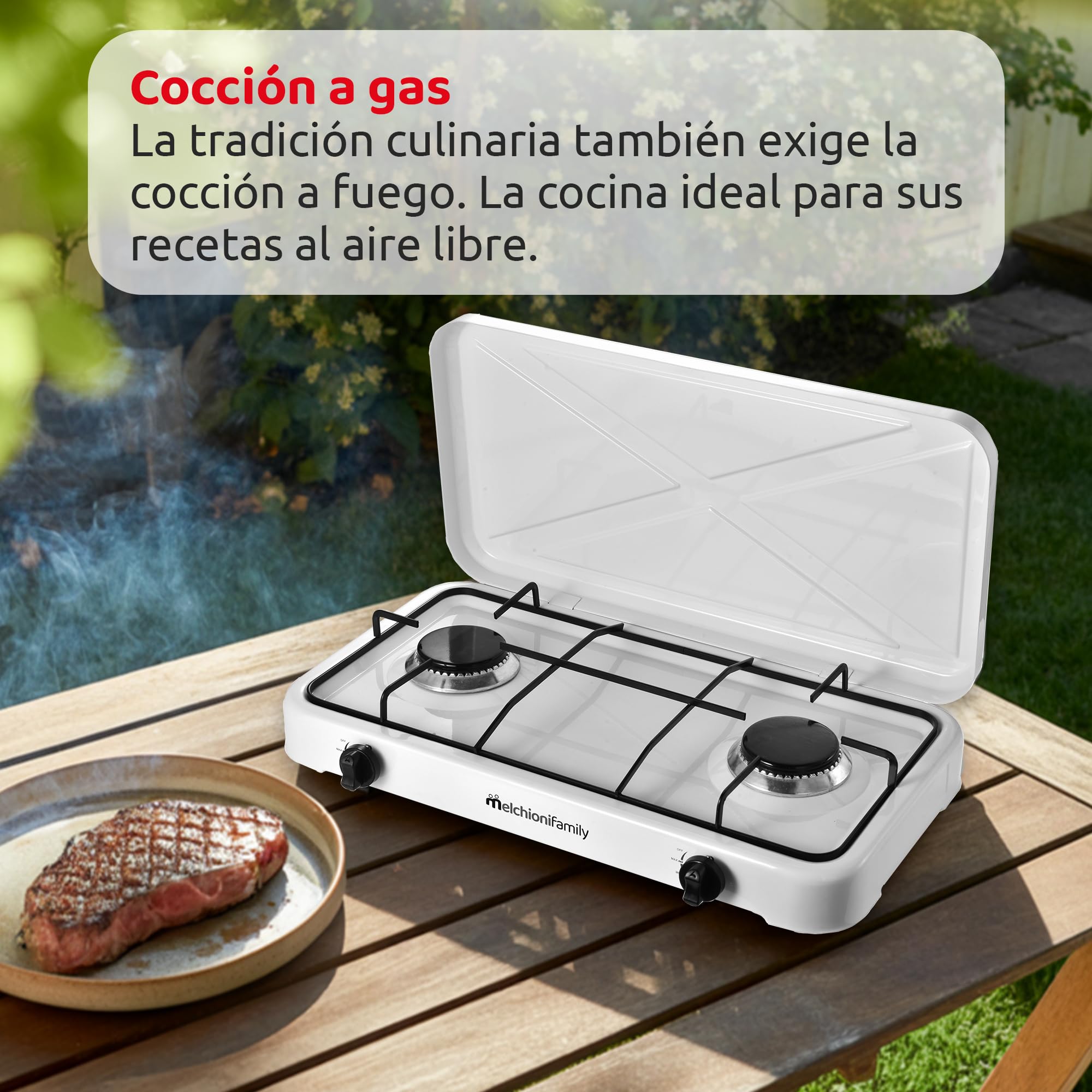 Melchioni Family | Cocina de Gas para Camping MINERVA 2 con 2 Quemadores, Cocina Portátil de GLP con Tapa, Grill y Quemadores Desmontables, Blanca
