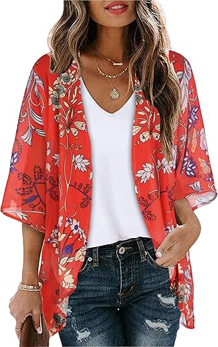 Women's Floral Print Puff Sleeve Kimono Cardigan Loose Cover Up
