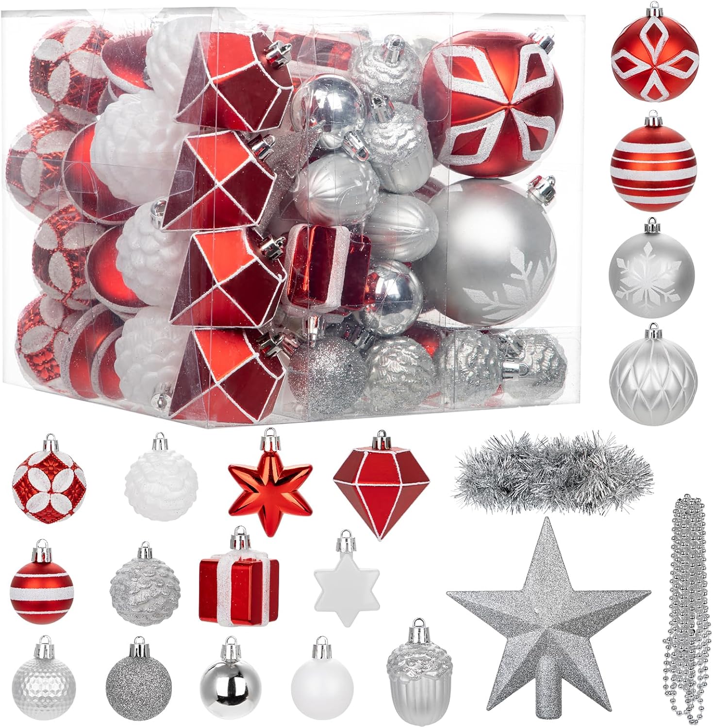 75PCS Christmas Ornaments Set Red & White – Shatterproof Xmas Tree Decorations Balls Kit with Tree Topper Star, Tinsel Garland, Hanging Baubles for Holiday Party Décor Indoor Outdoor Red White Silver #75ct