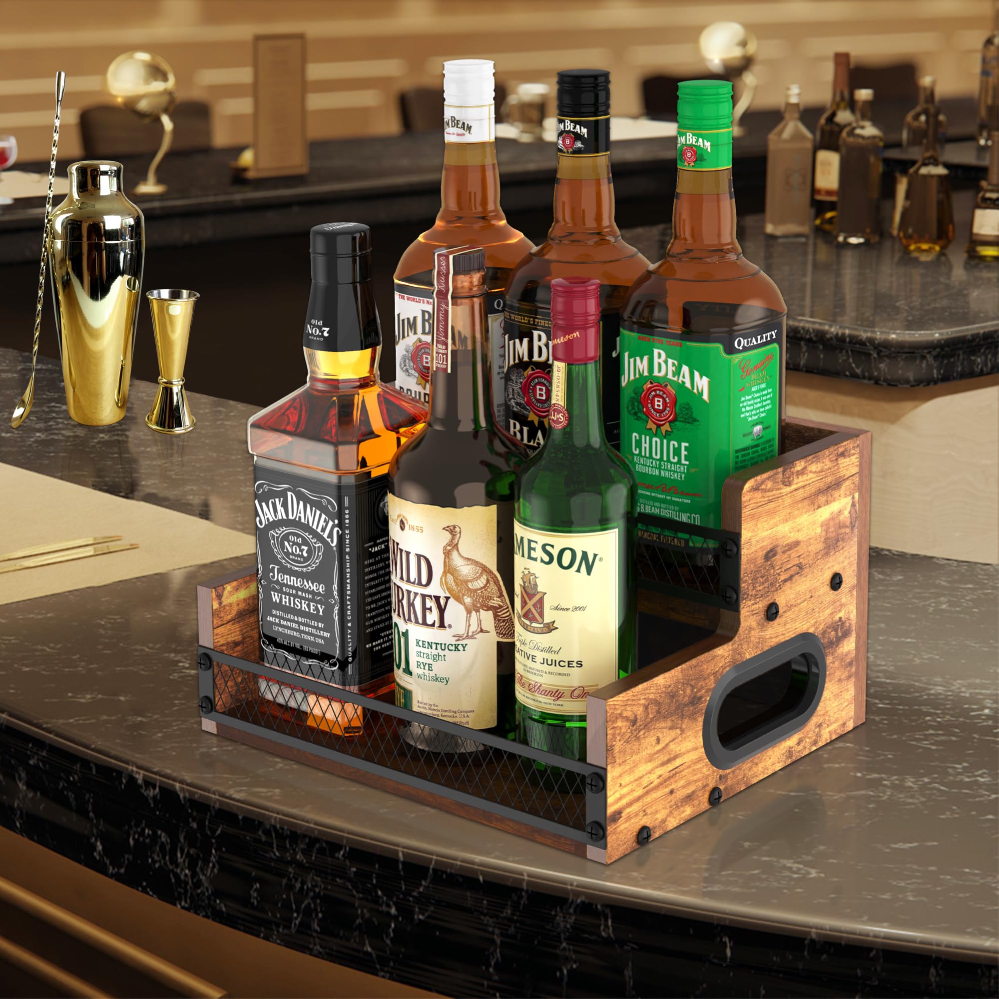 Estante de exhibición de botellas de licor, gabinete pequeño de licor, soporte de mini bar para 6 botellas para licor, whisky, estante de vino de encimera de 2 niveles, estante organizador de jarabe