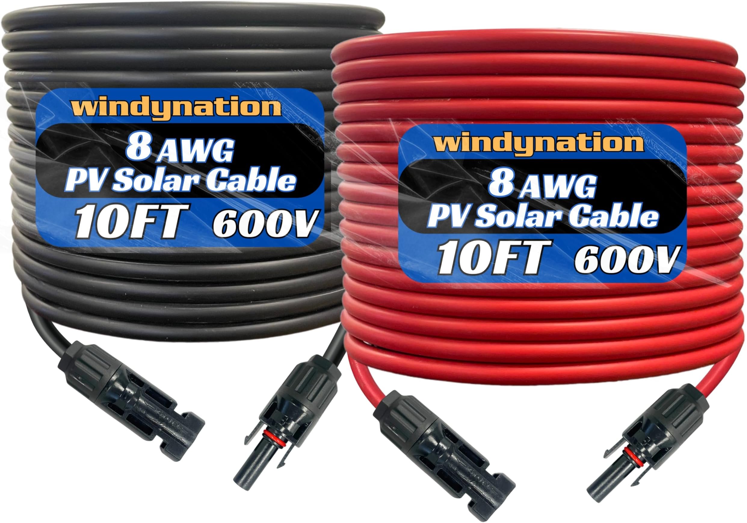 WindyNation 8 AWG 8 Gauge Pair 10 Feet Black + 10 Feet Red Solar Panel Extension Cable Wire Solar Connector (Variety of Lengths Available)