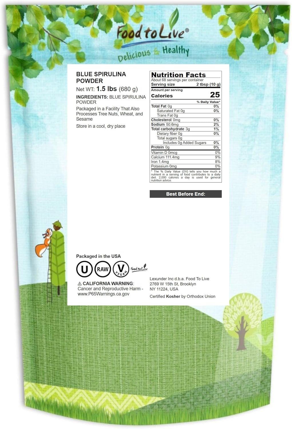 Food to Live Blue Spirulina Powder, 1.5 Pounds — Pure Raw Blue-Green Algae Extract, Kosher, Vegan, Non-Irradiated, Rich in Phycocyanin, Great for Juices, Smoothies, Shakes, Drinks, and Food Coloring