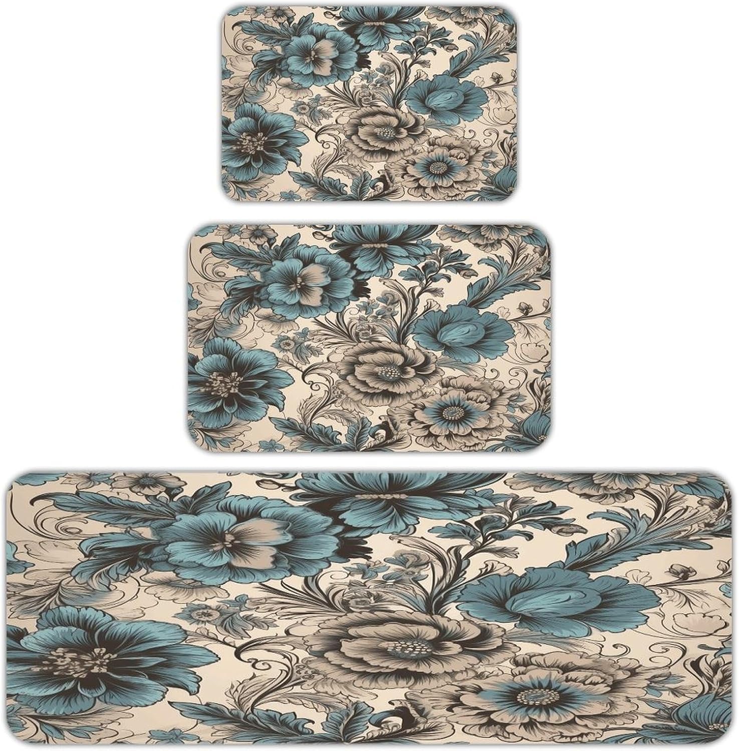 Blue Floral Pattern 3-Piece Kitchen Rug Indoor Door Mat | Non-Slip Kitchen Mat for Profile Absorbent, Moisture-Wicking and Breathable for Bathroom Laundry Room Bedroom Home Decor