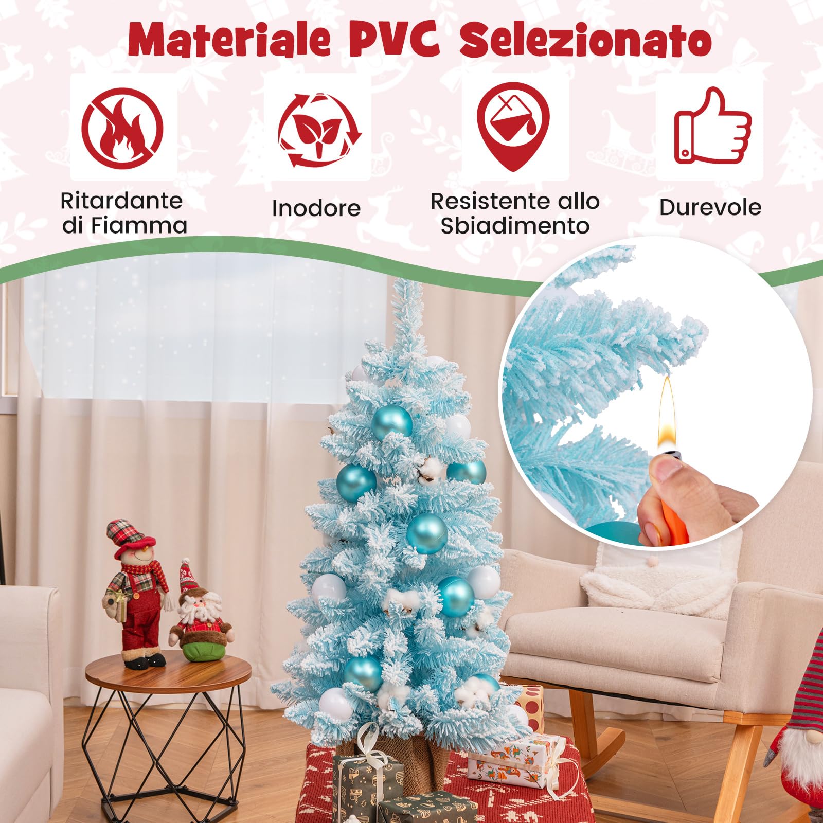 COSTWAY Albero di Natale Artificiale Piccolo 90 cm, Albero di Natale da Tavolo con 12 Palline di Cotone Naturale, 24 Palline e Rami Imbiancati, Decorazione Natalizia per Feste (Azzurro)
