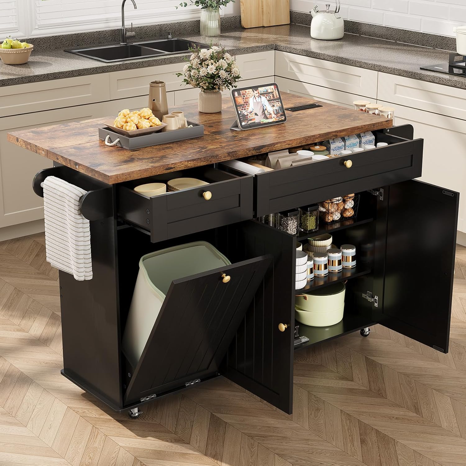 60" Rolling Large Kitchen Island on Wheels with Extendable Table, Drop Leaf & Power Outlet, Mobile Kitchen Cart with Storage Cabinet, 2 Drawers, Spice Rack, Towel & Knife Holder, Black