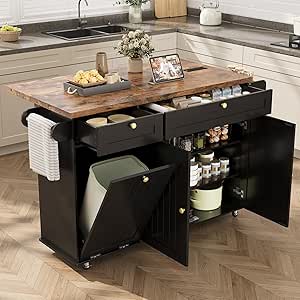 60-Inch Rolling Kitchen Island with Extendable Table, Drop Leaf, Power Outlet, Storage, and Wheels - Black
