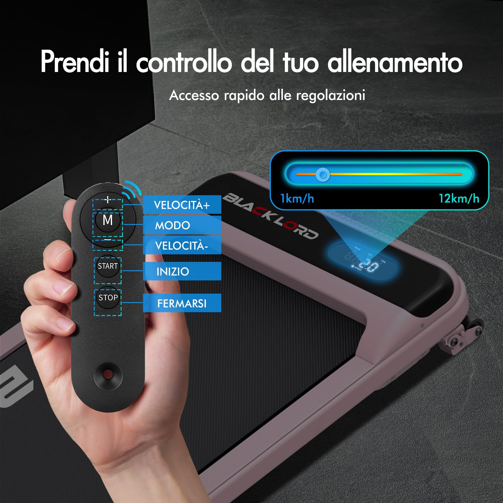 BLACK LORD Tapis roulant, Walking pad 12/16 km/h, Tappetino da corsa con/senza inclinazione del 9%, Sotto la scrivania, Portatile, Silenzioso, Display LED, App, Capacità di carico 140 kg
