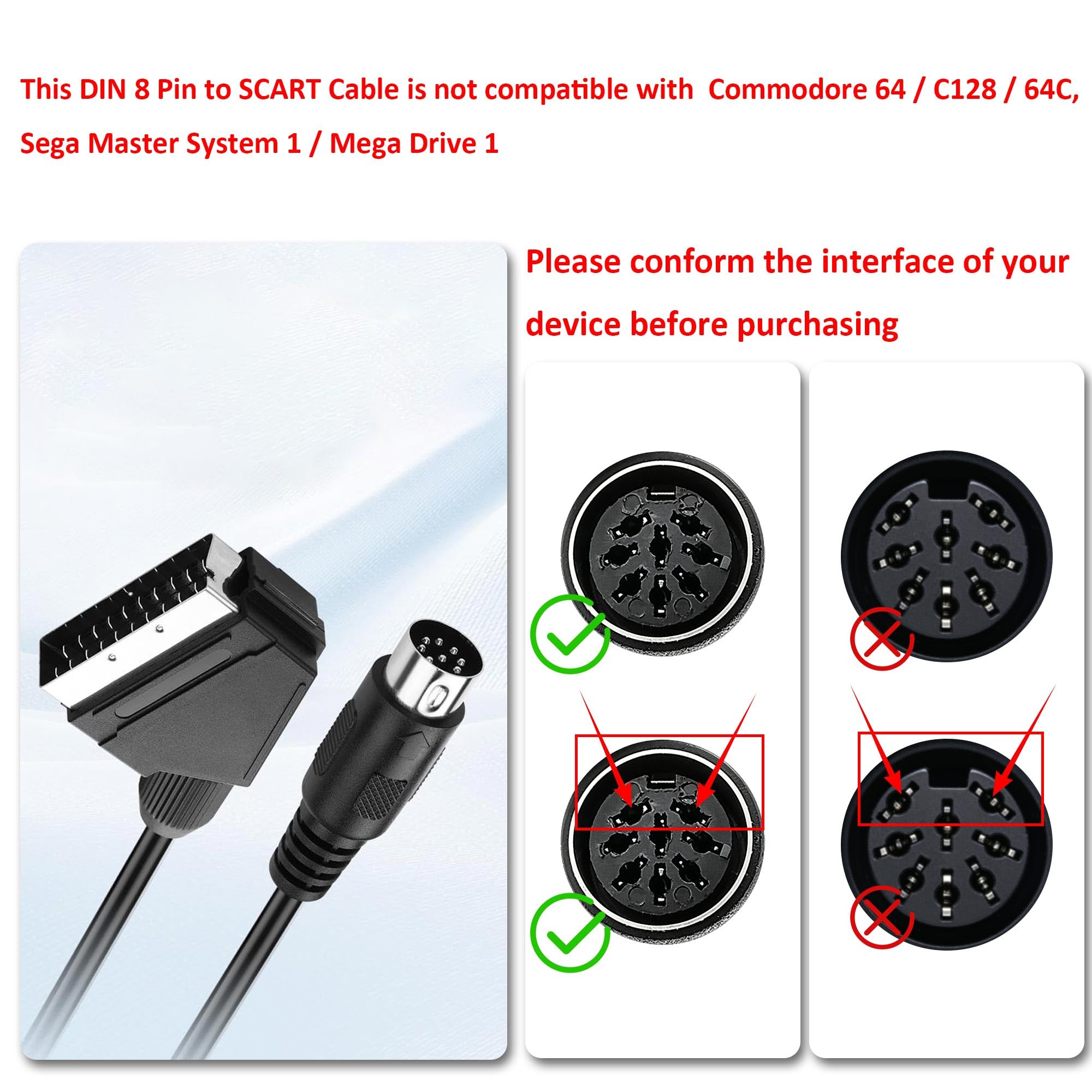 Câble conducteur DIN vers péritel 8 broches - Pour console de jeu - 21 broches - Fiche péritel RVB vers DIN 8 broches - Câble AV - Adaptateur audio vidéo - Pour console de jeu, TV, PC
