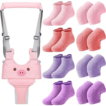 Xuniea Baby Walking Harness Breathable Handhable Baby Walker حزام مساعد طفل قابل للتعديل المشي مع 4 أزواج غير قابل للانزلاق جوارب السيطرة 4 أزواج من منصات الركبة للأطفال للزحف ، 7-24 شهرًا