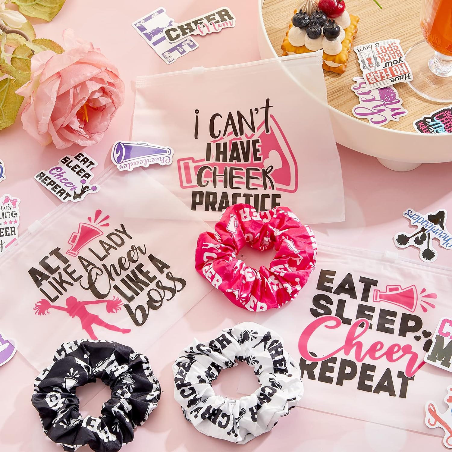 Amylove 65 Pcs Cheerleader Gifts Bulk Cheer Makeup Bag Portable Sports Cosmetic Zipper Pouches Cheer Scrunchies Cheerleading Hair Ties Sticker Water Bottles Laptop Car Decal for Women Teammates - Image 6