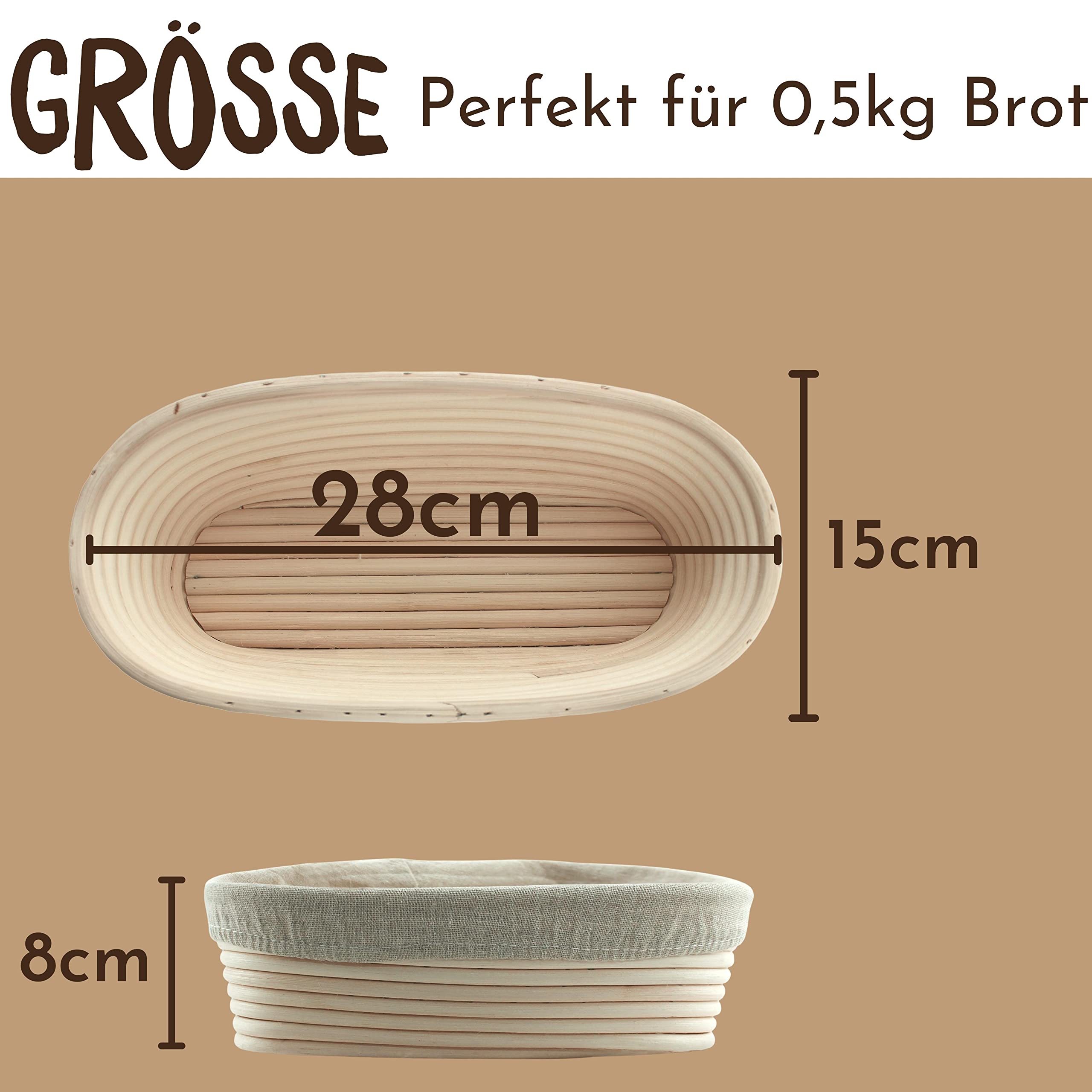 riijk Gärkörbchen + Teigschaber – Der ideale Gärkorb aus natürlichem Peddigrohr (oval, 28 cm) – mit Leineneinsatz, rostfrei geklammert
