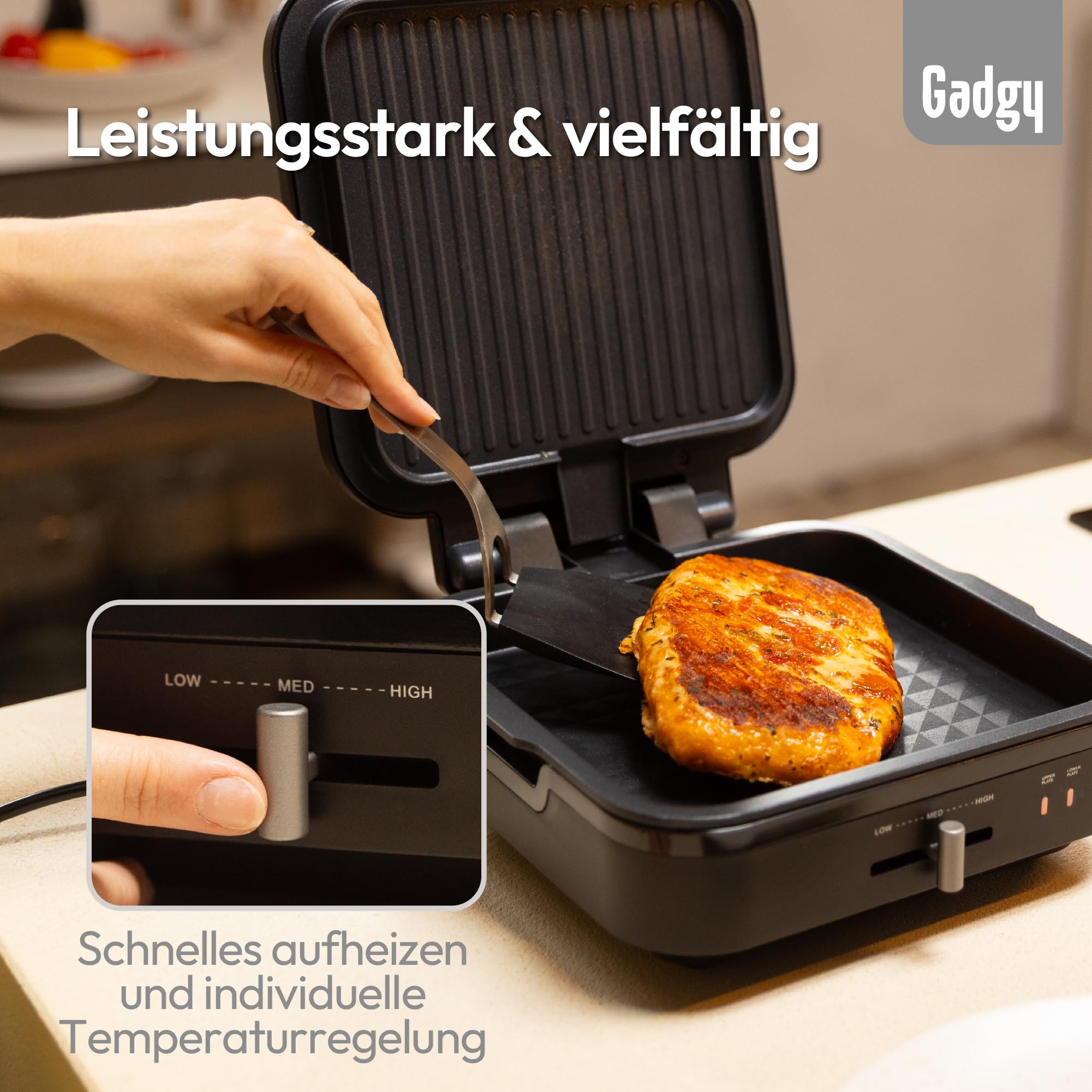 Gadgy Kontaktgrill – Elektrische Tischgrill mit abnehmbarem Grillboden – Einstellbare Temperatur – Ein- & Doppelseitiges Grillen – Antihaftbeschichtung – 1400W – Matt Schwarz/Silber