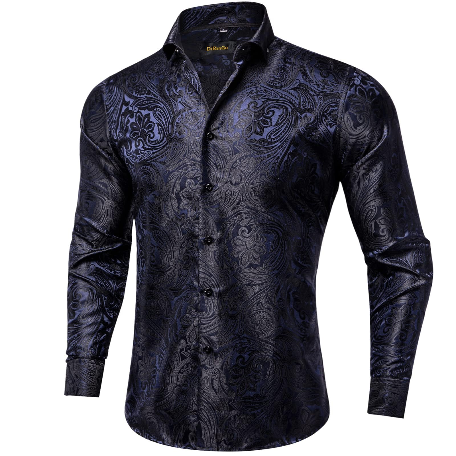 Photo 1 of DiBanGu Mens Silk Paisley Dress Shirts,Long Sleeve Button Down Shirt Casual Regular Fit Shirt for Men Wedding Party, Navy Blue and Black, Large