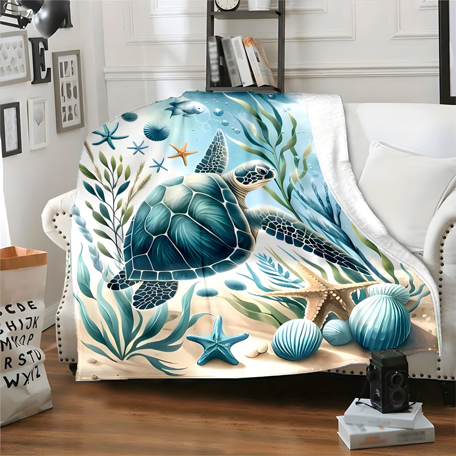Couverture polaire tortue de mer flanelle lavable grand plaid ocean naturel pour lit 150x200