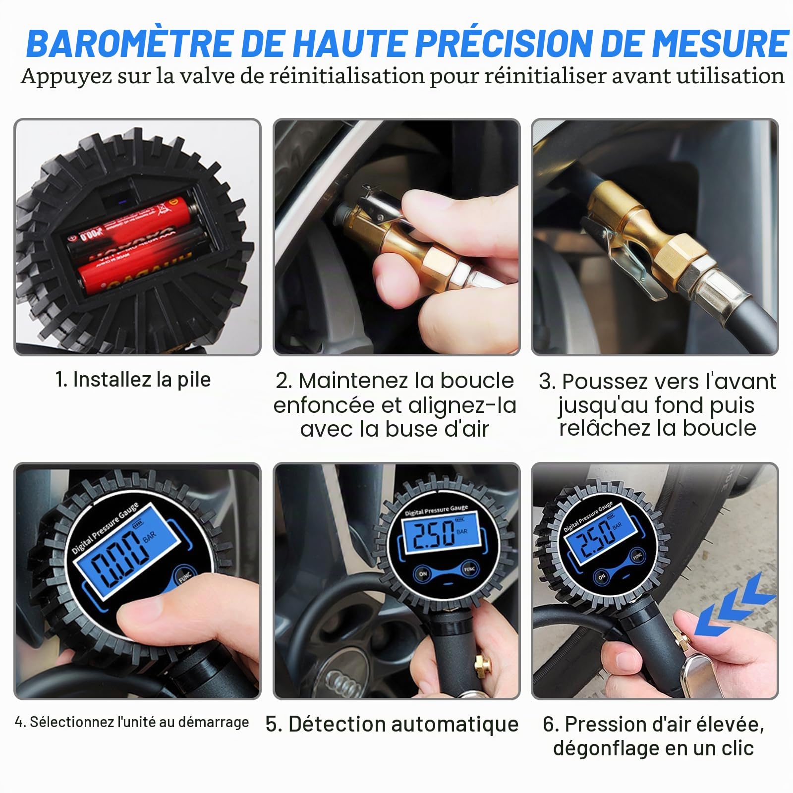 Testeur de pression d'air - Gonfleur de pneu - Avec manomètre, manomètre - Testeur de pression d'air numérique avec écran LCD rétroéclairé - Pour véhicule, moto, voiture