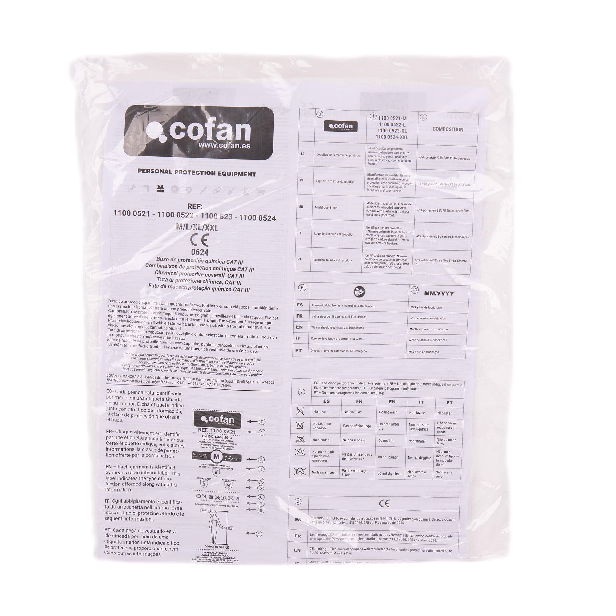 Cofan Buzo de Protección Desechable con Capucha Tipo 5/6 Cat III, Antiestático, Mono de Seguridad para Químicos, Pintura y Construcción, Tallas Desde la M a XXL