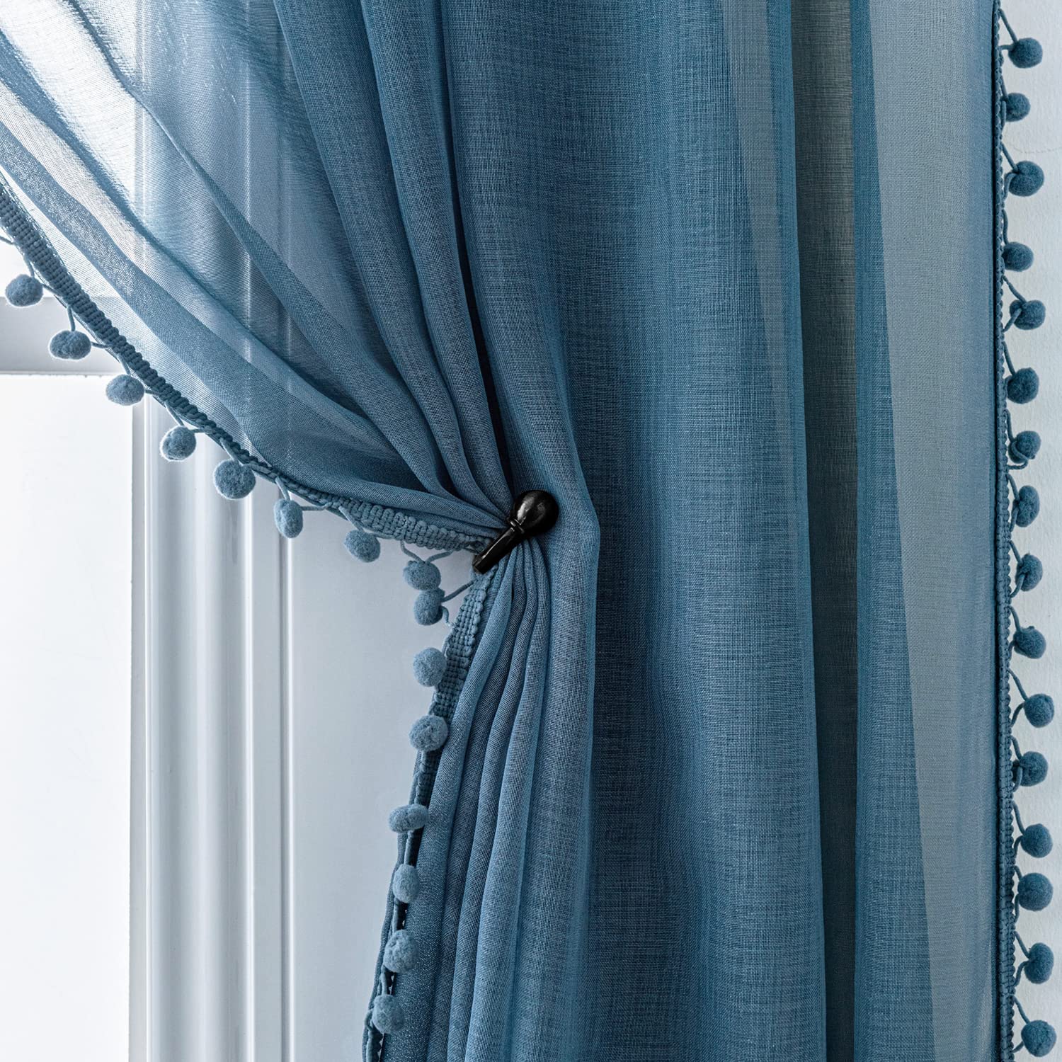 MISS SELECTEX Linen Look Pom Pom Tasseled Sheer Curtains - Rod Pocket Voile Semi-Sheer Curtains for Living and Bedroom, Set of 2 Curtain Panels (52 x 63 inch, Dusty Blue)