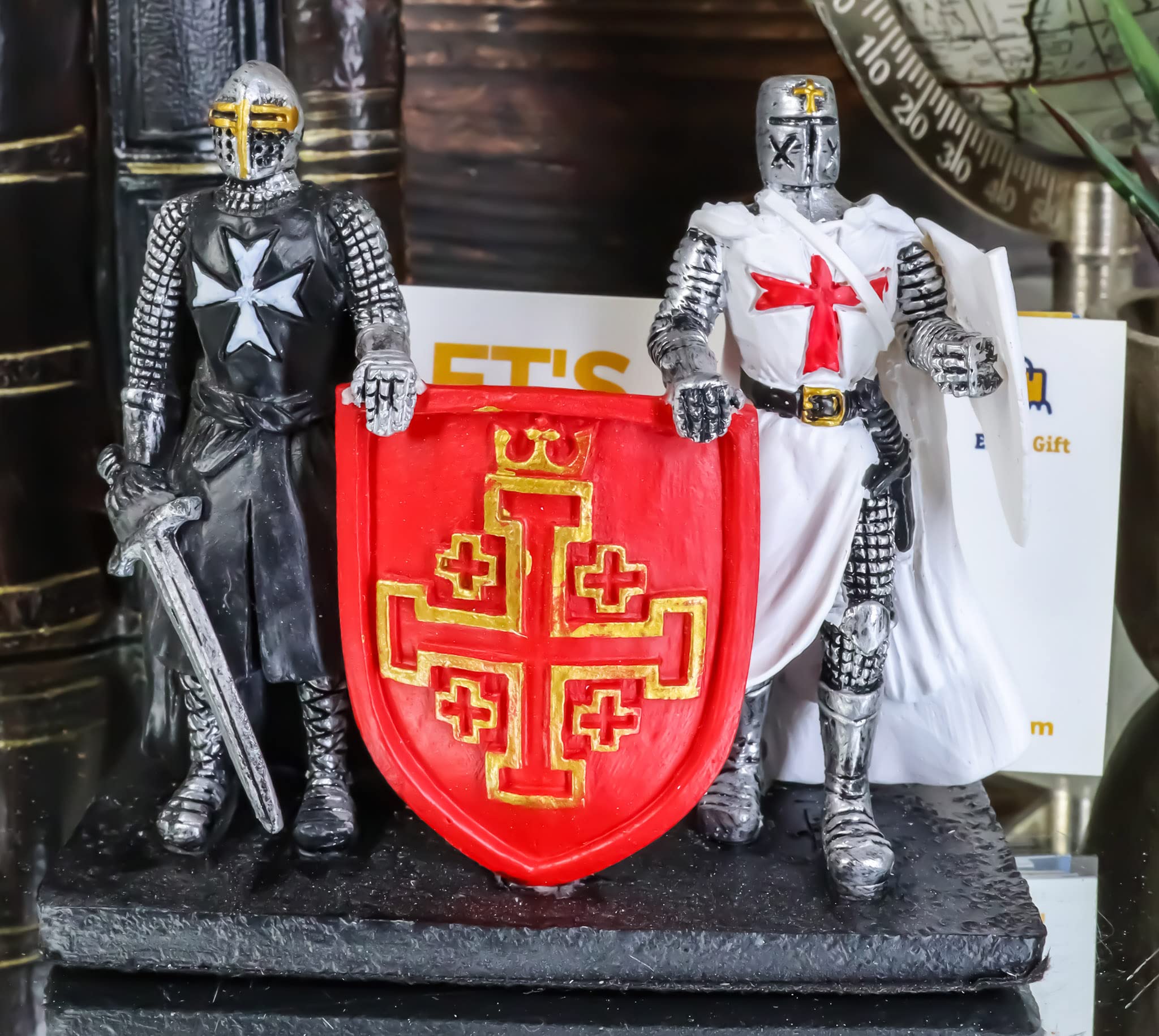 Ebros Gift Medieval English Black and White Crusader Swordsman Knight of Heraldry with Large Crest Heraldry Coat of Arms Shield Business Cards Holder Figurine 4" Wide Suit of Armor Sculpture Decor