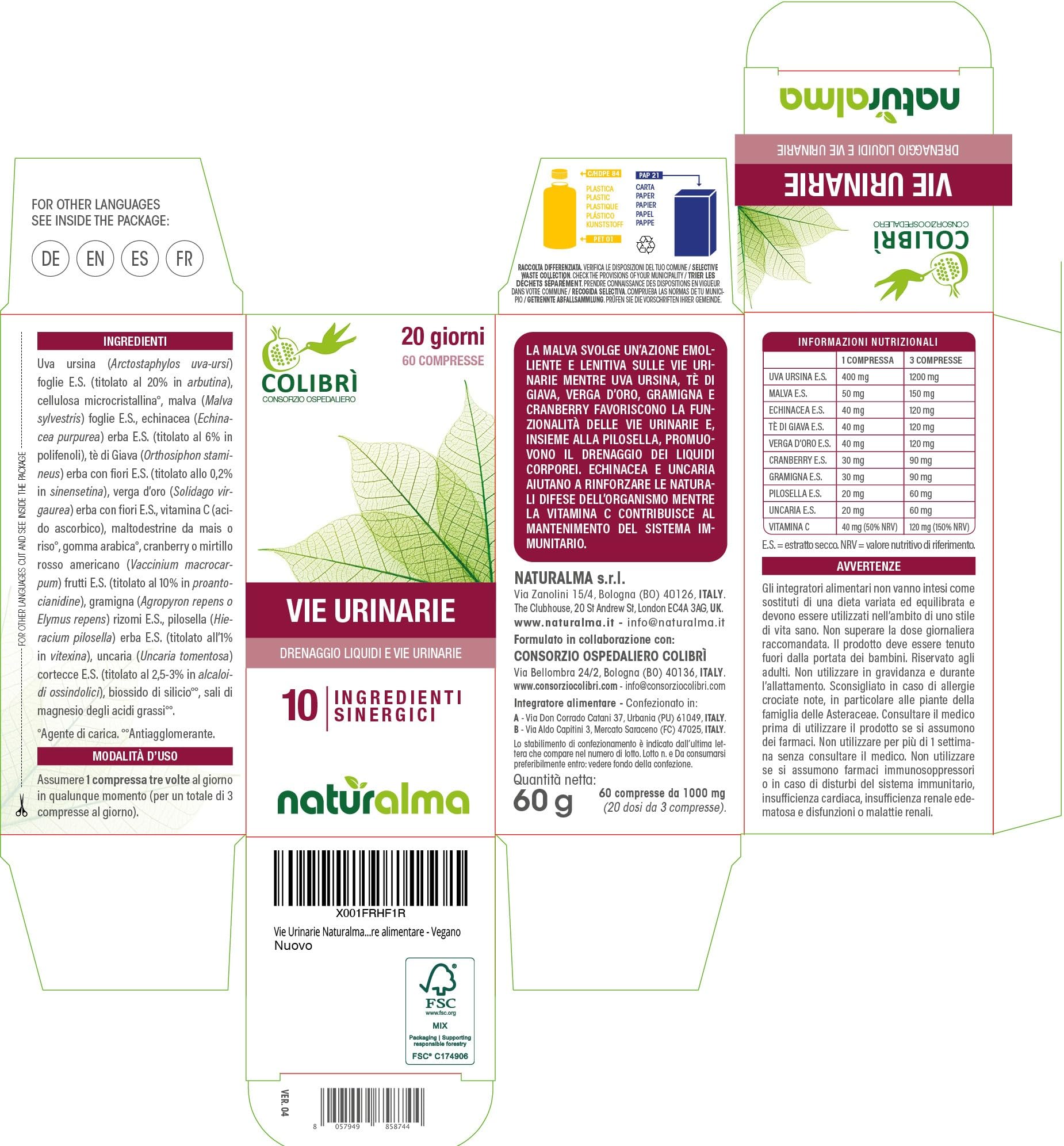 Vie Urinarie Naturalma e Consorzio Colibrì 60 compresse da 1000 mg - Uva ursina, Malva, Echinacea, Tè di giava, Verga d'oro, Cranberry, Pilosella, Uncaria, Vitamina C - Integratore alimentare - Vegano