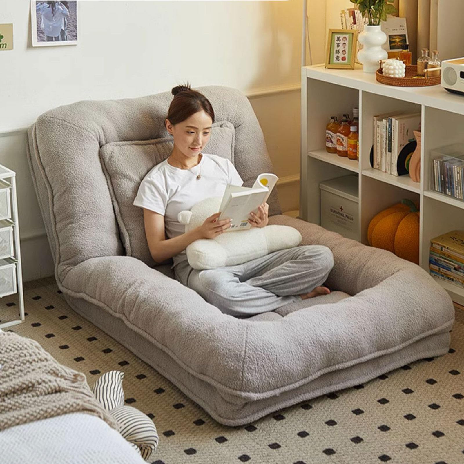 Cama para perro, sofá plegable de lana de cordero para adultos y mascotas, soporte ajustable de 5 velocidades, cómodo puf para uso en interiores y exteriores