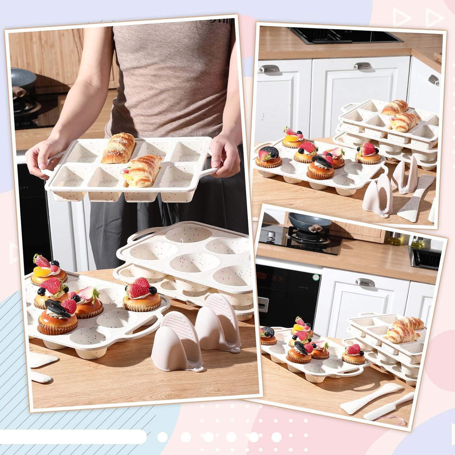 7 Pcs Silicone Baking Pan Set with 4 Molds (Loaf, Muffin, Mini Muffin, Round), Spatula, Dual-head Pastry Brush Oven Mitts Nonstick for Cupcakes Brownies Bread, Confetti Design