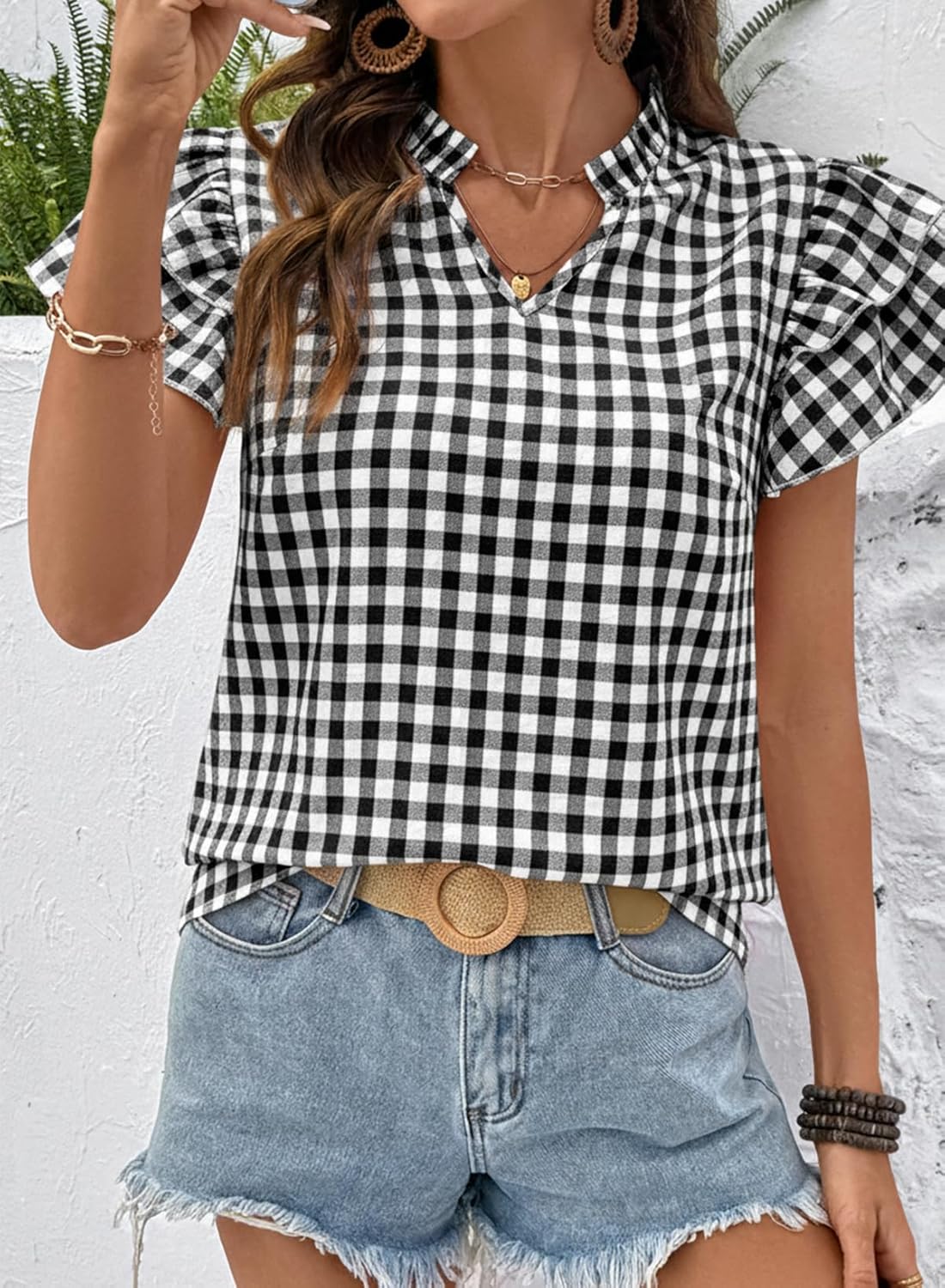 SHEWIN Womens Tops V Neck Ruffle Short Sleeve Gingham Shirts Blouses Cute Summer Tops for Women 2026 - Image 2