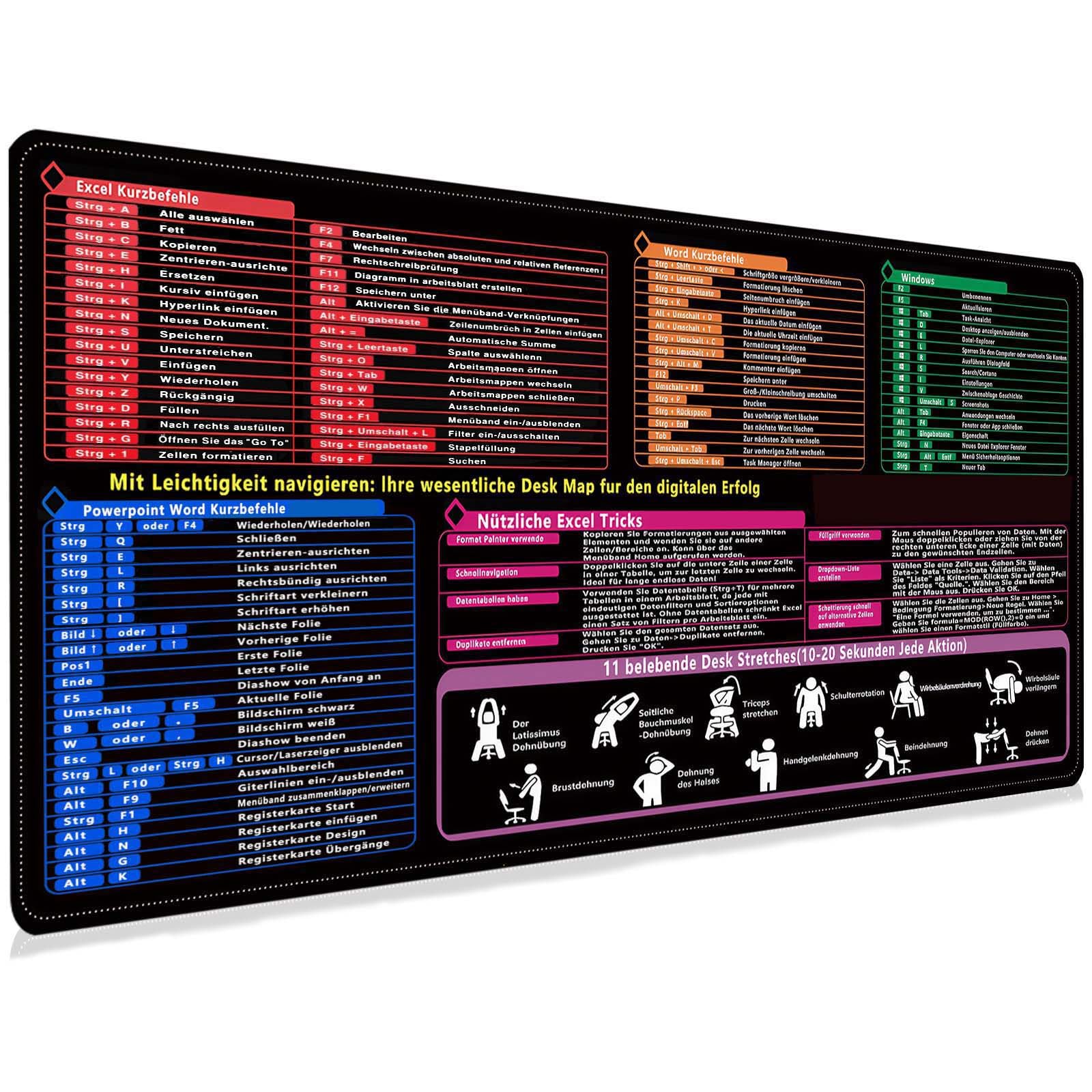 SENLINLIN XL Mauspad Deutsch 80×30×0,3 cm, Hochwertige Schreibtischunterlage für Excel, Word, PPT und Windows Shortcuts/Tastenkombinationen, Anti-Rutsch Gaming Mousepad groß für Büro und Zuhause