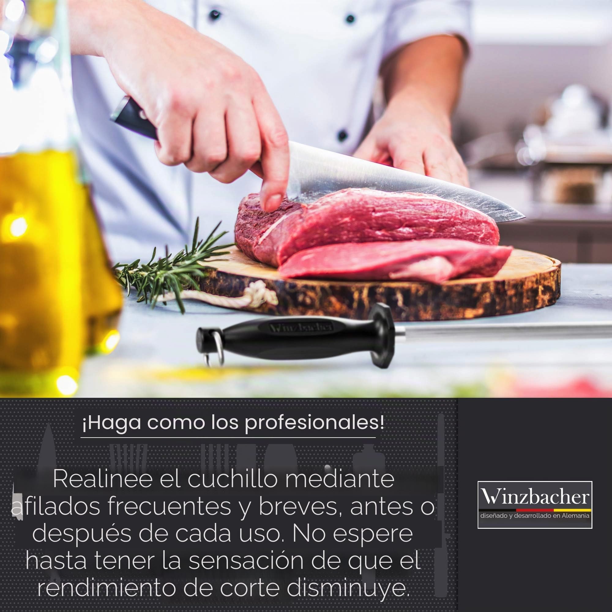 Winzbacher Afilador de cuchillos profesional de acero endurecido (39 cm), con mango ergonómico suave al tacto con protección para los dedos