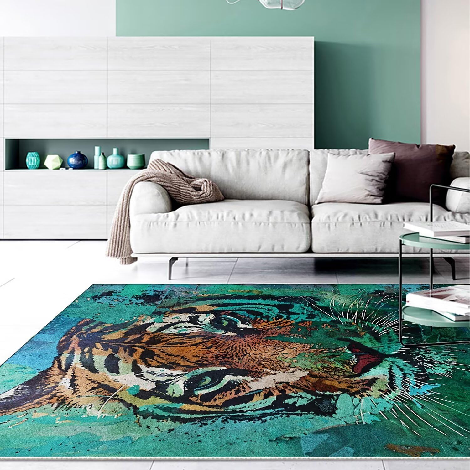 Green Tiger Rug for Bedroom 3x5 ft Vintage Boho Cartoon Tiger Area Rug Funky Leopard Carpet for Living Room Non-Slip Cute Abstract Modern Mats