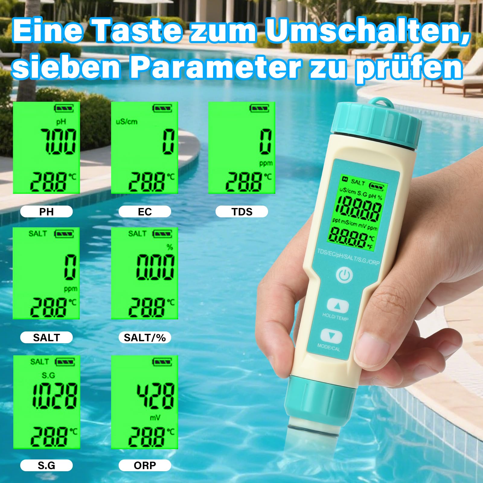 pH Messgerät Pool, 7 in1 TDS/EC/SALT/S.G/ORP/Temp/pH Messgerät Wasser, IP67 pH Tester Digital Wassertester Salzmessgerät mit Temperatur ATC, pH Meter für Hydroponik Trinkwasser