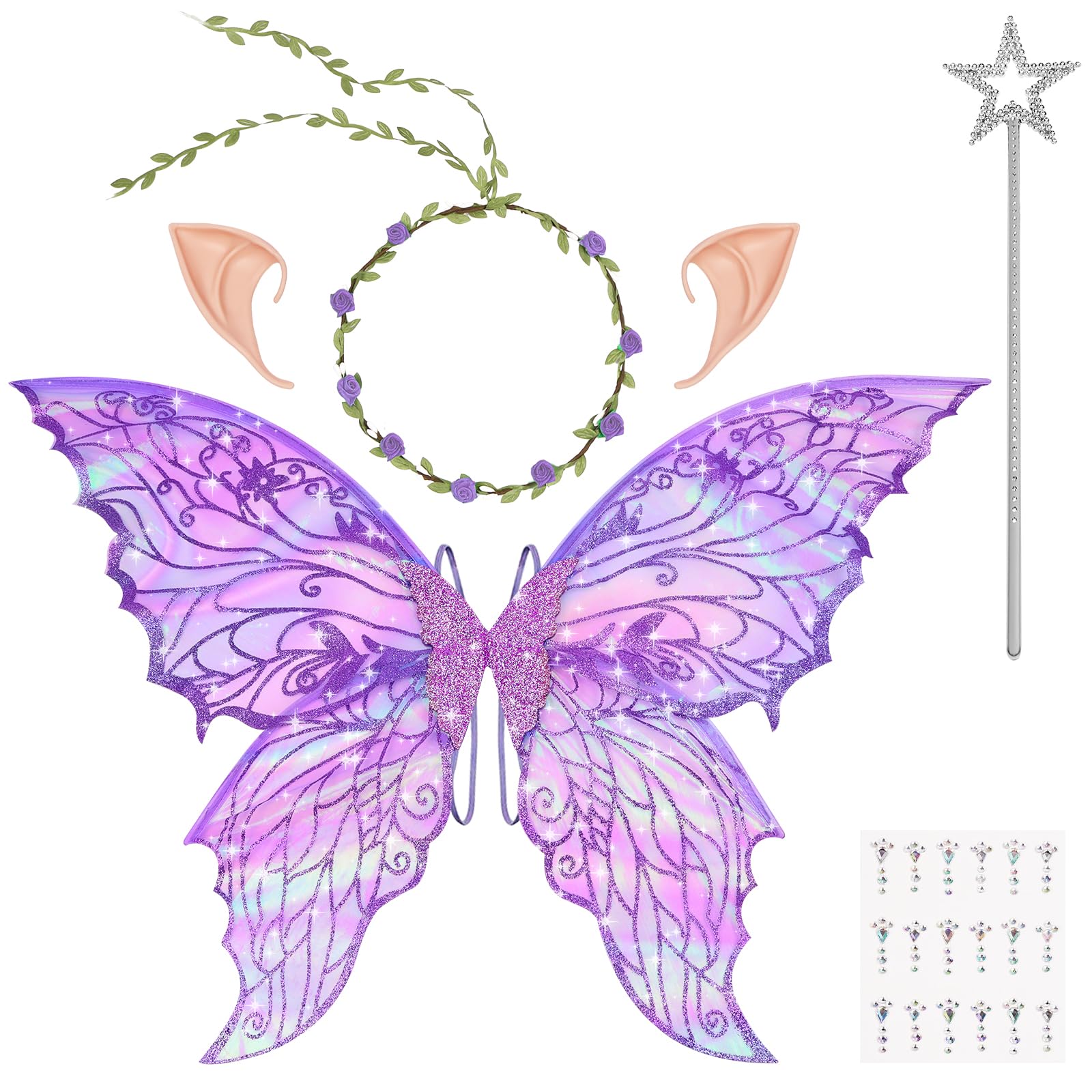 Voarge Ailes de fée pour enfants avec couronne de fleurs et baguettes de fée étoilées, costume d'ailes pour carnaval ou fête à thème de fée