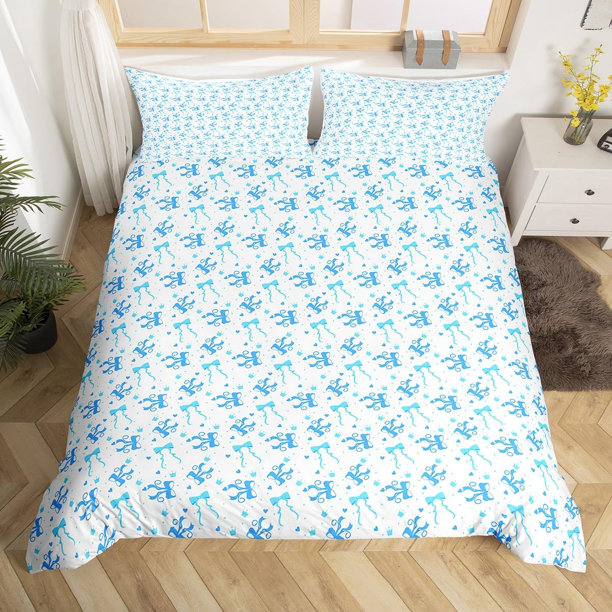 Manfei Cute Bowknot Duvet Cover Set Super King, Blue Bow Print Bedding Set 3pcs, Kawaii Bow Tie Comforter Cover, Kids Girls Women Room Decor, Lightweight Bedspread Cover, 2 Pillowcases, No Comforter — image 1