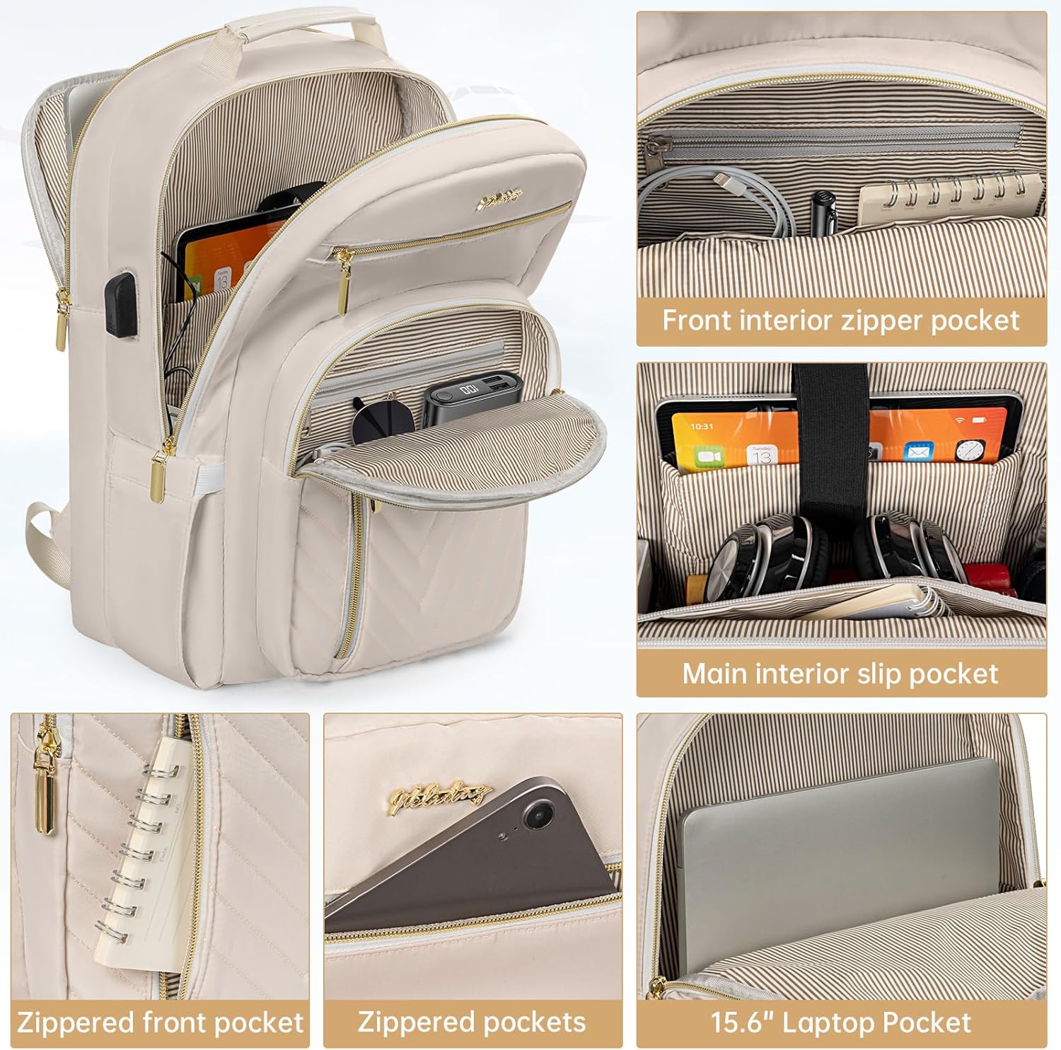 15.6 Inch Laptop Backpack for Women, Large Capacity Travel Backpack Purse with Multiple Pockets and Compartments Work Business Backpacks College Teacher Bags, Beige