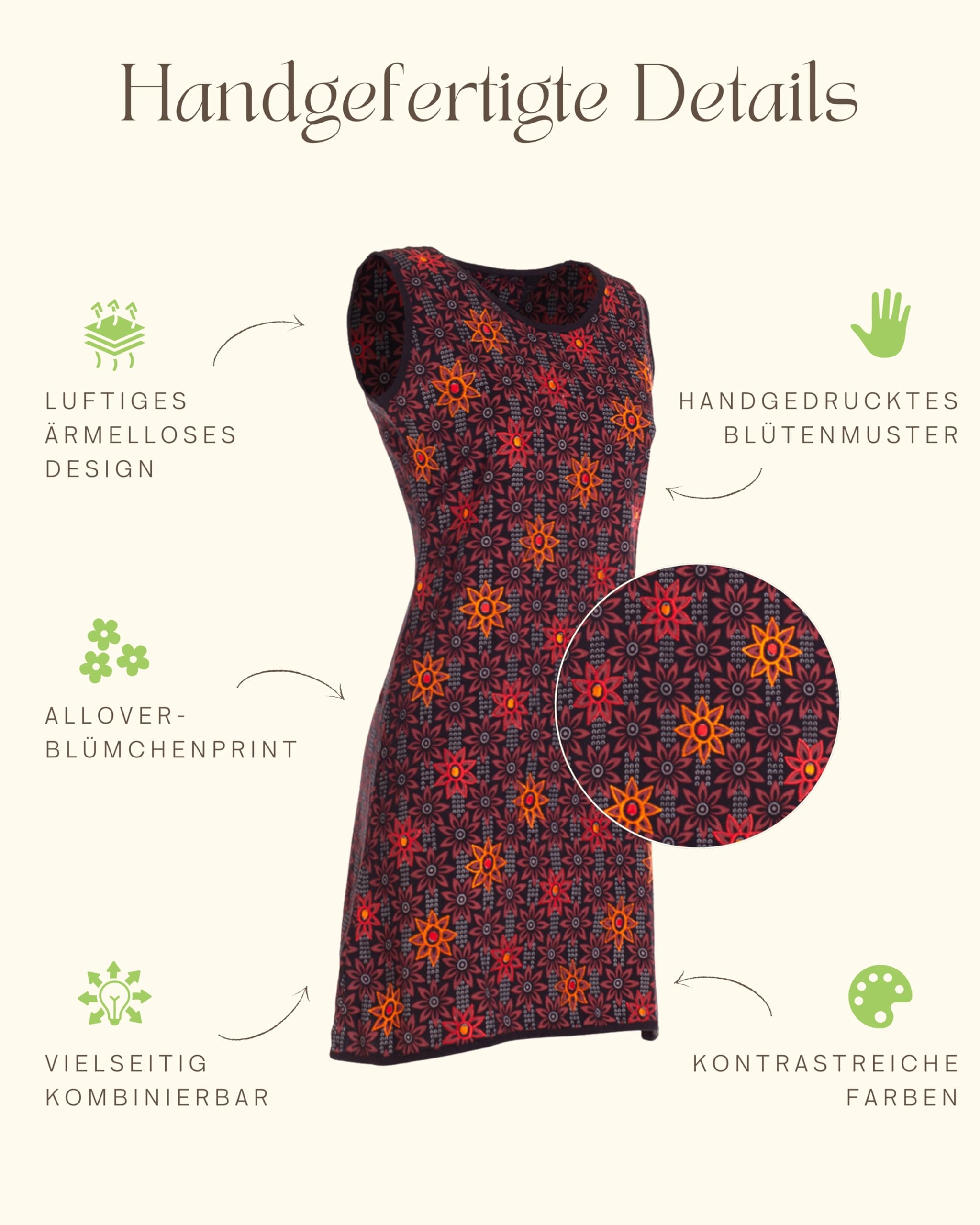 Vishes Damen Longshirt-Kleid mit Blümchen I Größe 34-48 I Handgefertigt aus 100% Baumwolle I Stylisches Sommerkleid für Freizeit & Alltag I Nachhaltige Alternative Bekleidung
