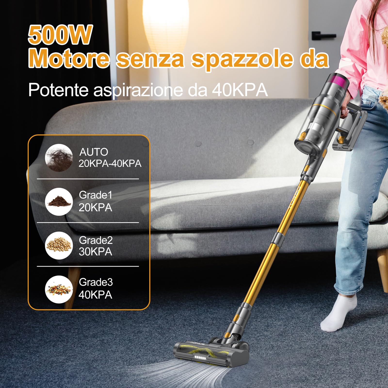 aonus A9 Aspirapolvere senza Fili Potente 40KPa 500W, Scopa Elettrica senza Fili con Touchscreen, 8 in 1 Aspirapolvere Ricaricabile Autonomia 60Min per Pavimento Tappeti Peli Animali