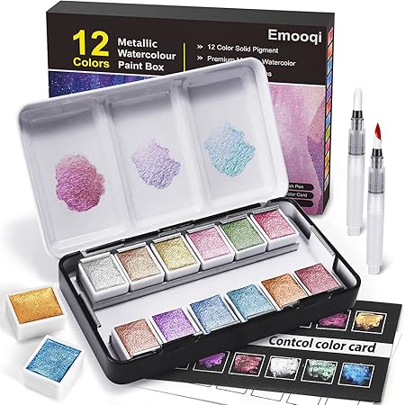 Metallic Watercolor Paints Set, Emooqi Professional Glitter Watercolour Solid Paint Box Include12 Metallic Glitter Color+2 Water Brushes+2 Color Card+Storage Bag, Ideal for Illustrations Painting&More
