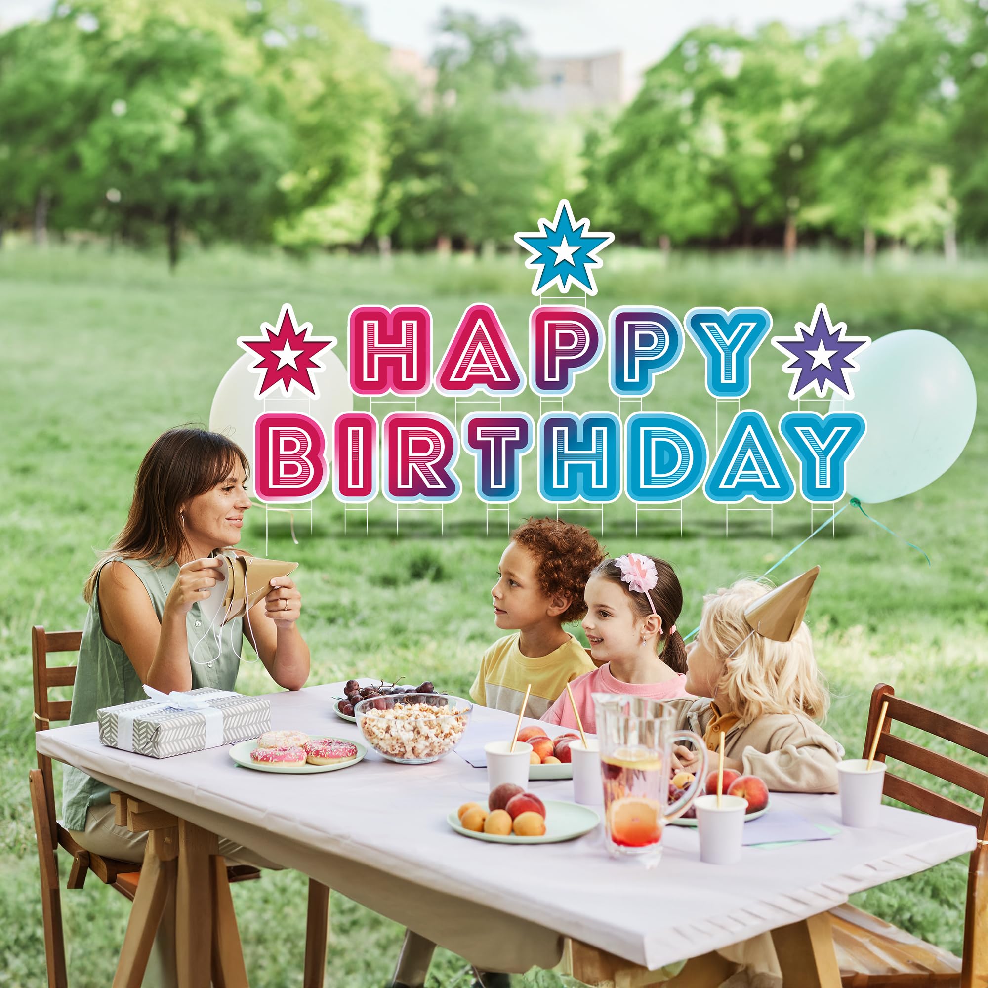 Yardilio 'Happy Birthday' znak ogrodowy - nie blaknie ani nie łuszczy się baner urodzinowy 3 w 1 - żywy kolor, odporny na warunki atmosferyczne i wielokrotnego użytku - trwałe słupki ze stali
