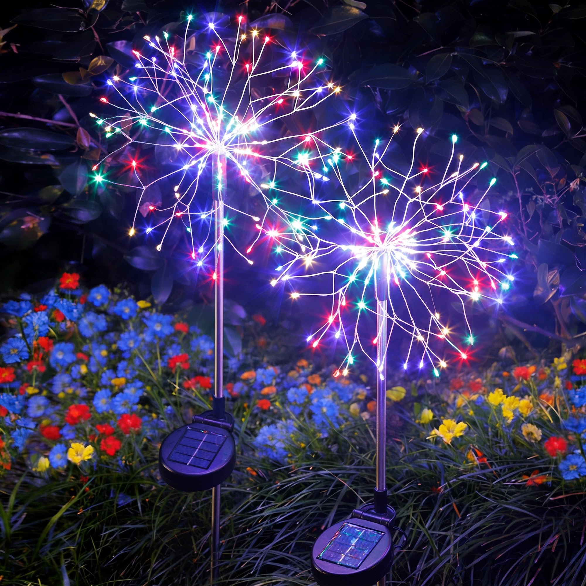INMKALI Solar Garden Lights Outdoor Waterproof Yard Decorations, 2 Pack 150 LEDs Pathway Lights Stake, Fairy Firework Light for Patio Lawn Courtyard Flowerbed Party Wedding Starburst Multicolor