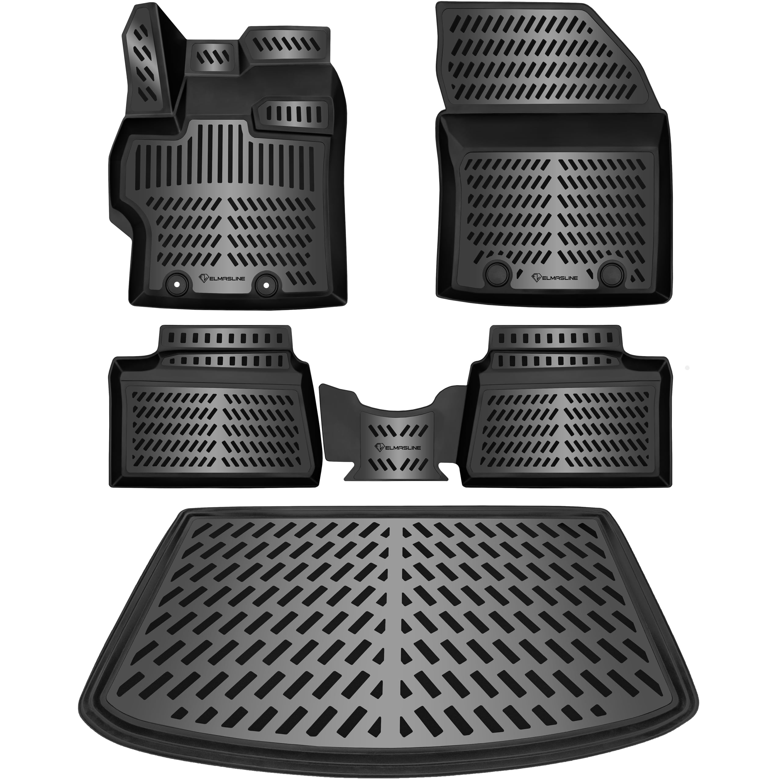 ELMASLINE 3D Tappetini Gomma e Vasca Baule per Toyota Yaris 2020-2026 | Compatibile solo con i modelli ibridi!! | Il cassone non è compatibile con i modelli Cross!! | Tappetini Auto