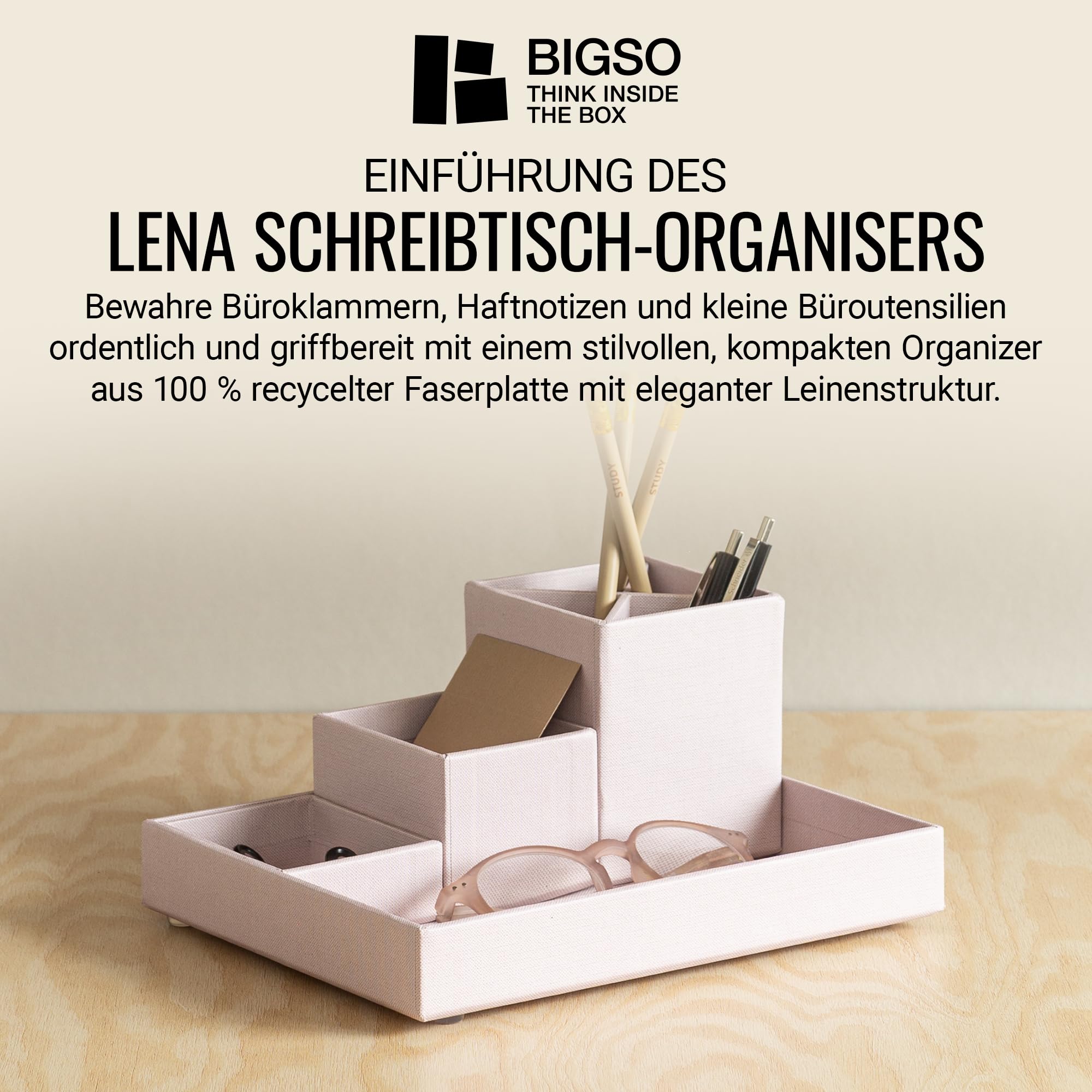 BIGSO BOX OF SWEDEN LENA Schreibtisch Organizer für Stifte, Büroklammern, Haftnotizen usw. – Sortierkasten mit 4 Fächern – Ordnungssystem aus Faserplatte und Papier in Leinenoptik – rosa