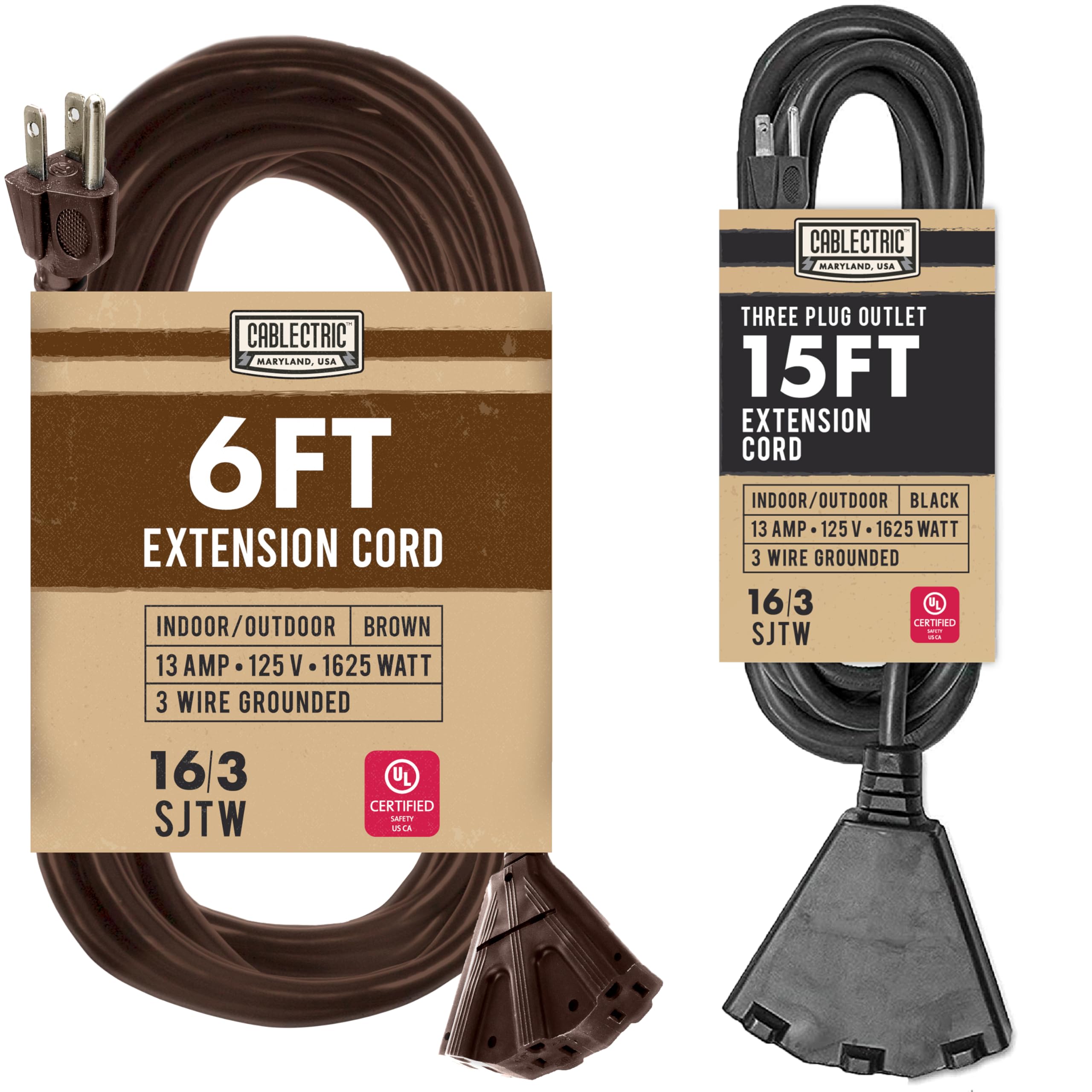 Cablectric 3 Outlets Brown Outdoor Extension Cord 6ft, 16/3 SJTW 13 AMP Weatherproof Heavy Duty Multiple Plugs & 3 Outlets Black Extension Cord 15ft, 16/3 SJTW 13 Amp Electrical Cable - American Owned