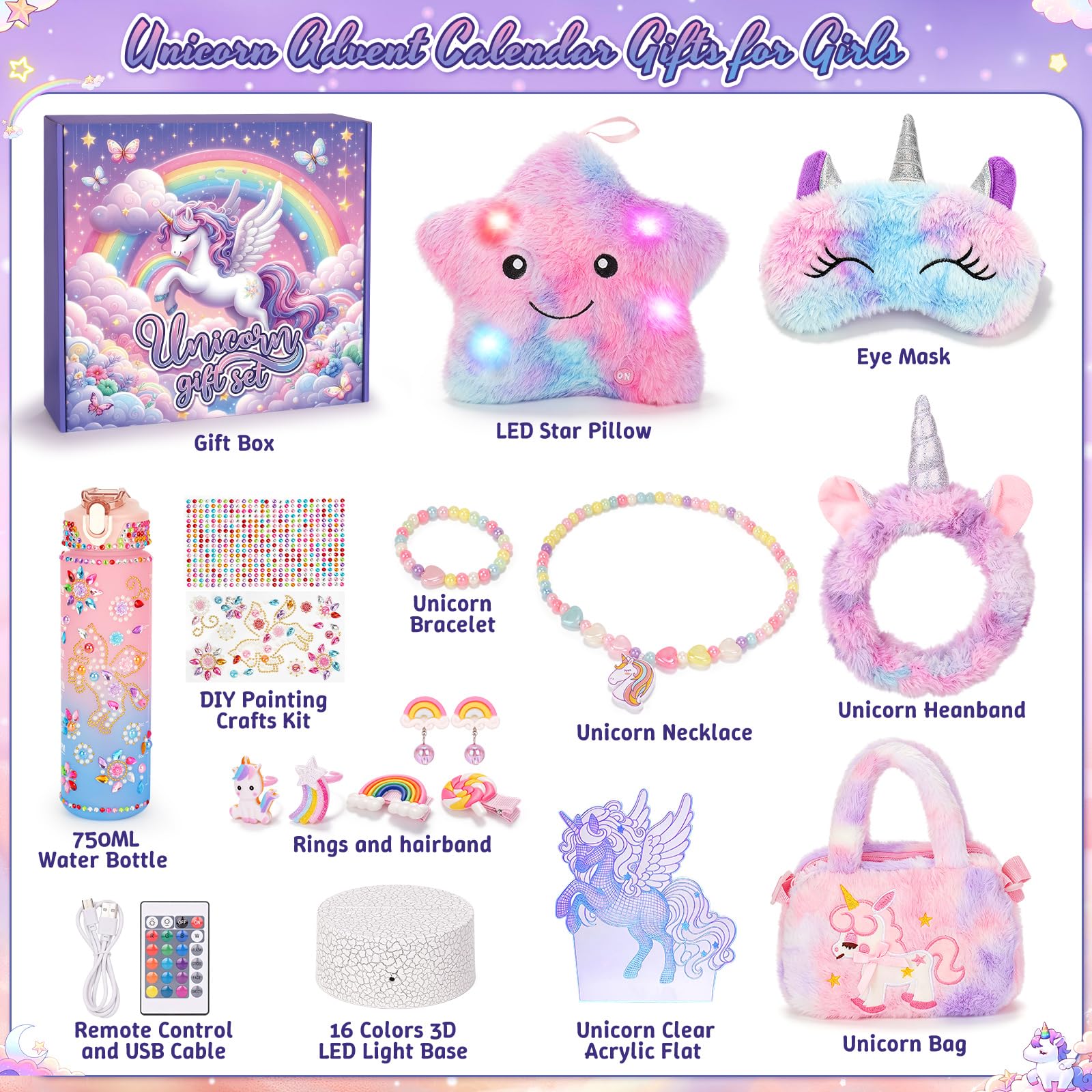 Calendario dell'Avvento con unicorno 7 giorni, scatola regalo per ragazze, conto alla rovescia con unicorno, regalo di compleanno per ragazze da 3 4 5 6 7 8 9 10 anni, calendario del conto alla